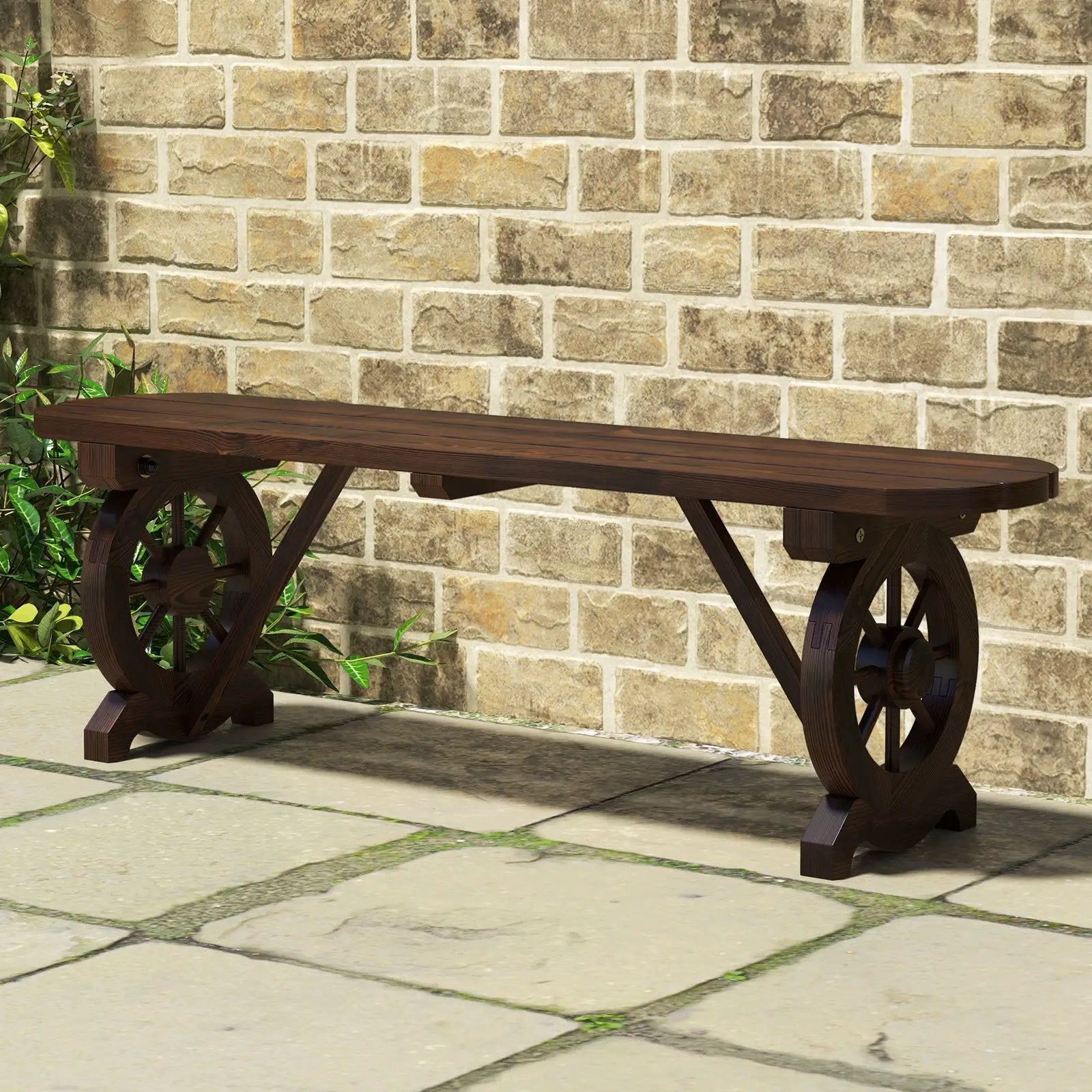 Patio Rustic Wood Bench with Wagon Wheel Base by DirectDeals