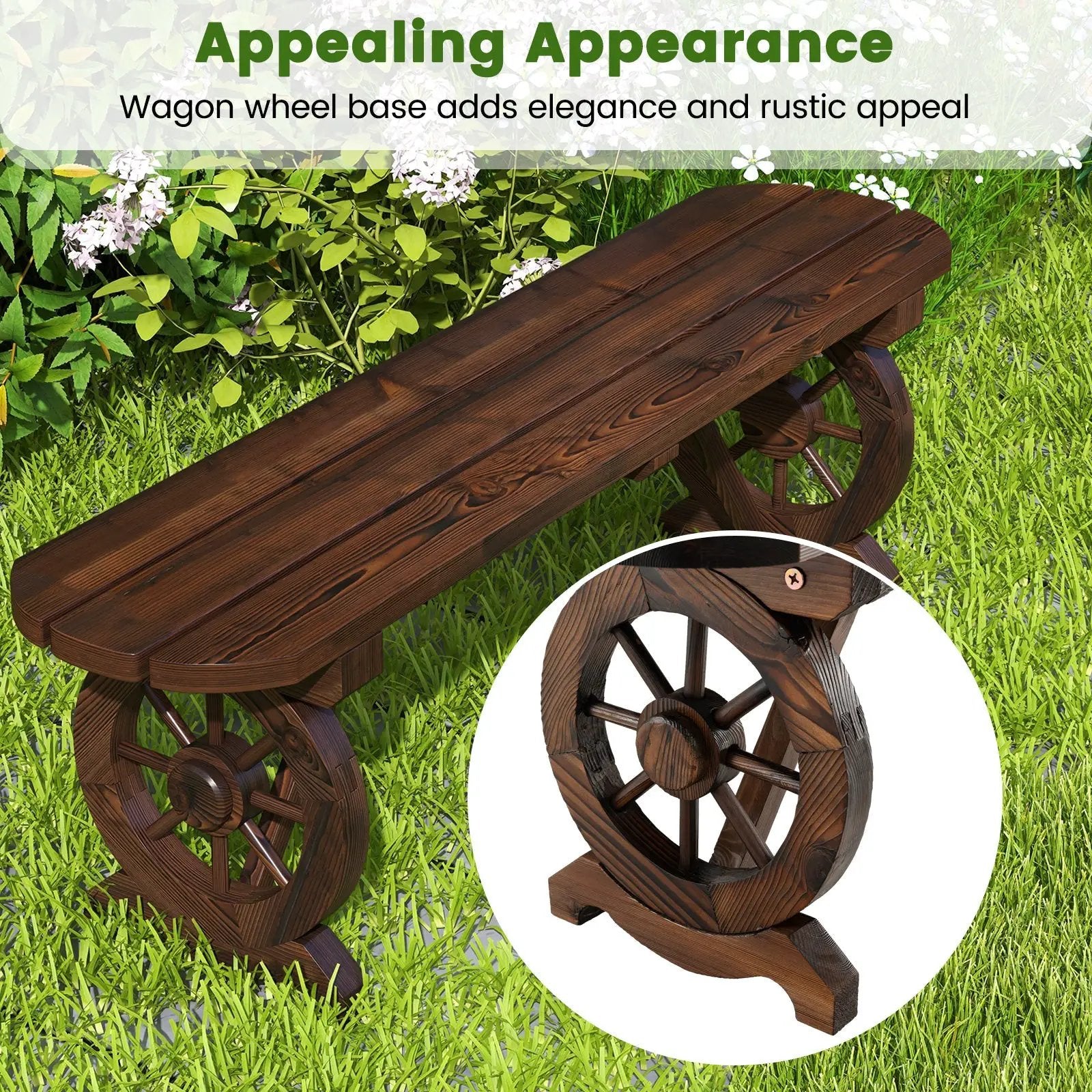 Patio Rustic Wood Bench with Wagon Wheel Base by DirectDeals
