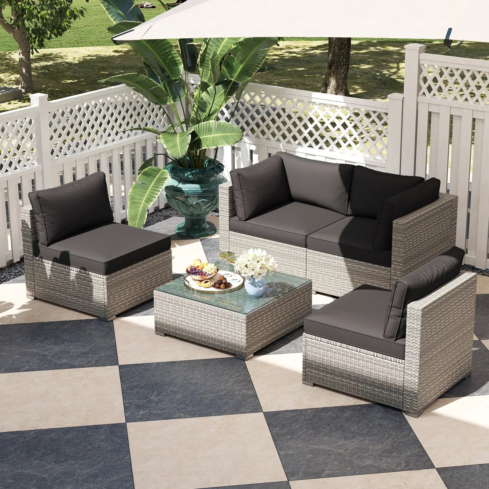 5-Piece Outdoor Patio Sectional Sofa Couch and Glass Coffee Table with Cushions by DirectDeals