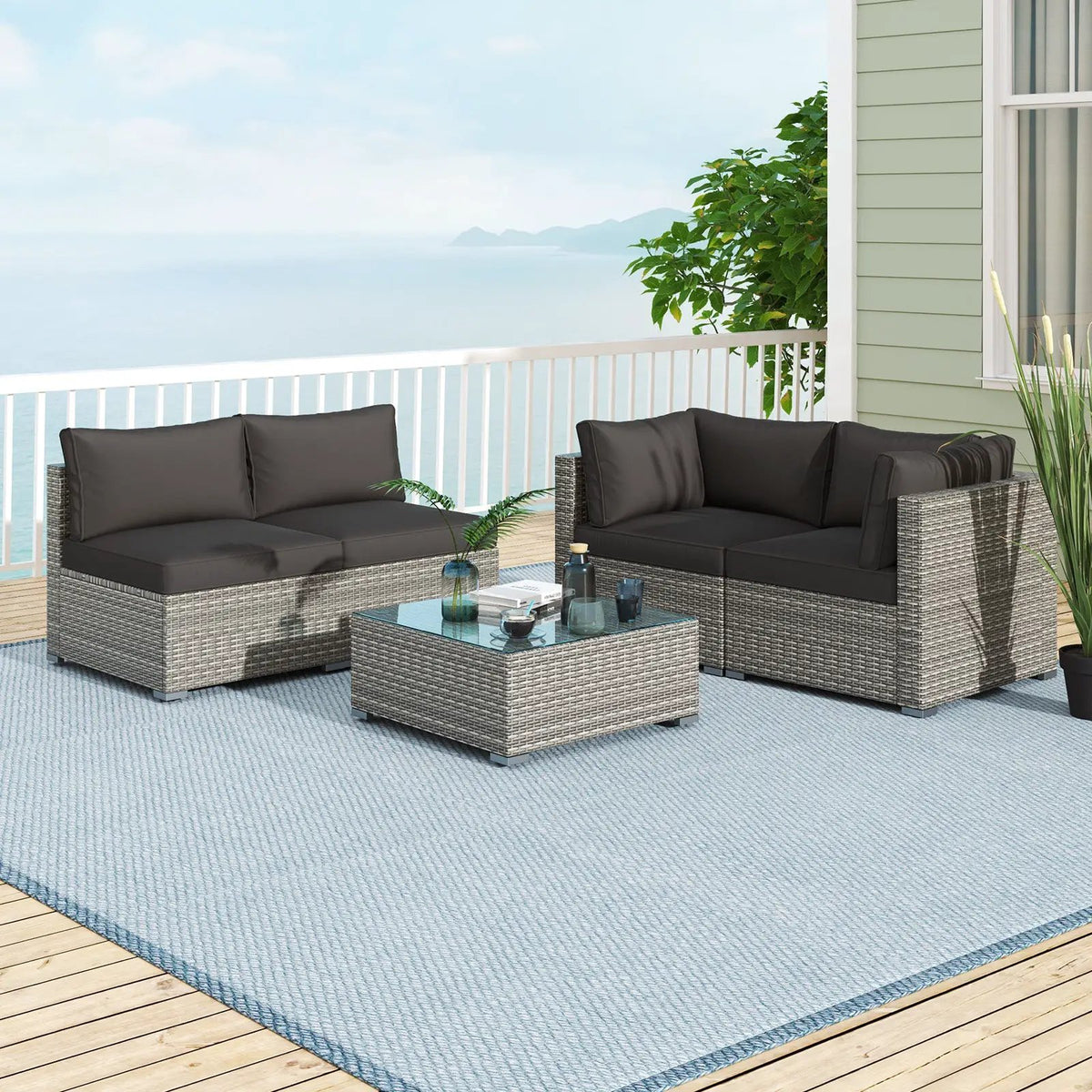 5-Piece Outdoor Patio Sectional Sofa Couch and Glass Coffee Table with Cushions, photo 6 of 9