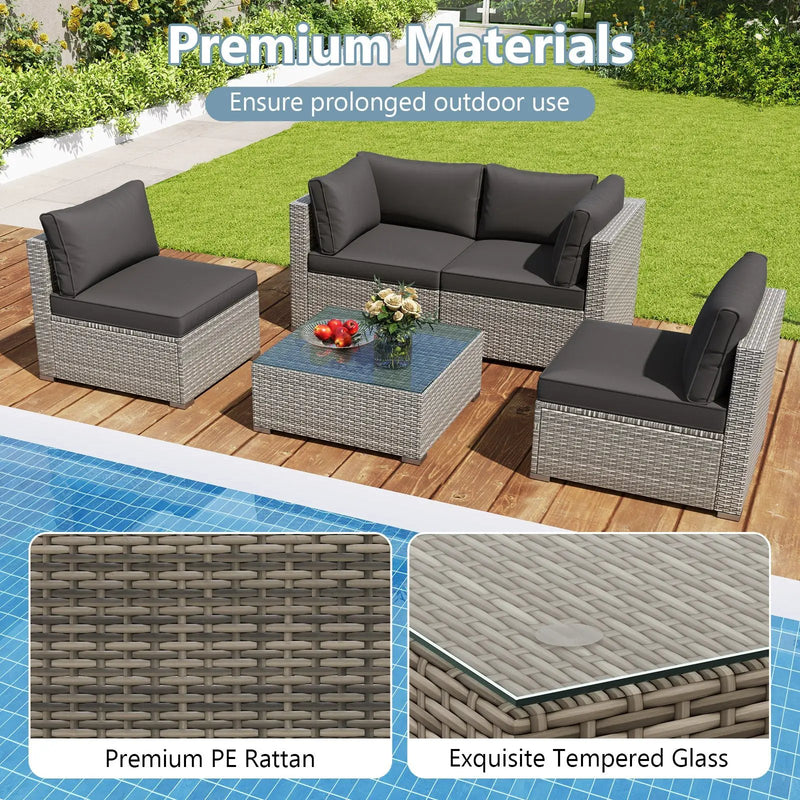 5-Piece Outdoor Patio Sectional Sofa Couch and Glass Coffee Table with Cushions by DirectDeals