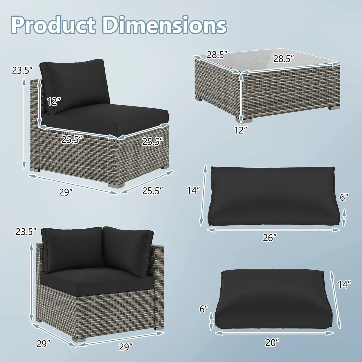 5-Piece Outdoor Patio Sectional Sofa Couch and Glass Coffee Table with Cushions, photo 5 of 9