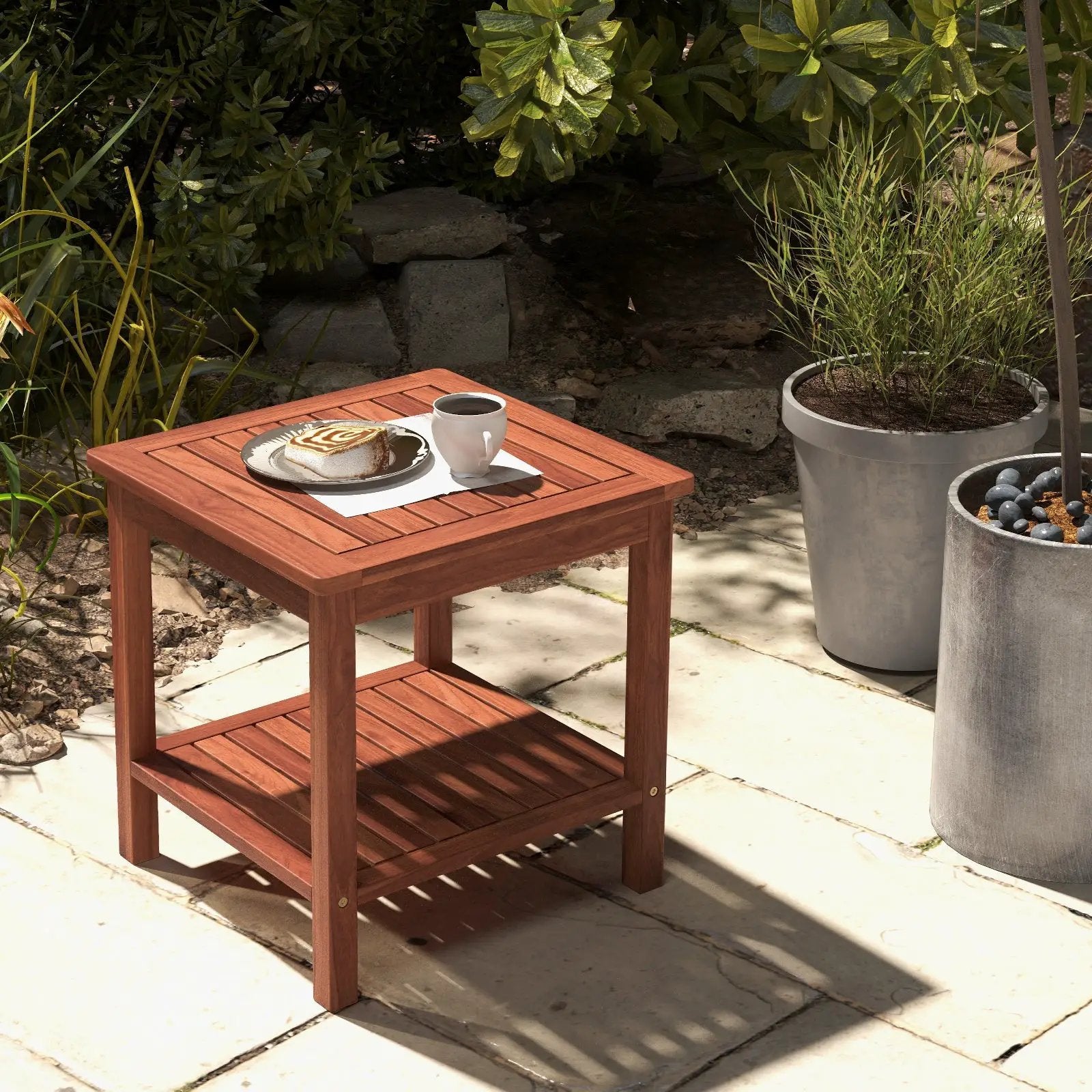 Double-Tier Acacia Wood Patio Side Table with Slatted Tabletop and Shelf by DirectDeals