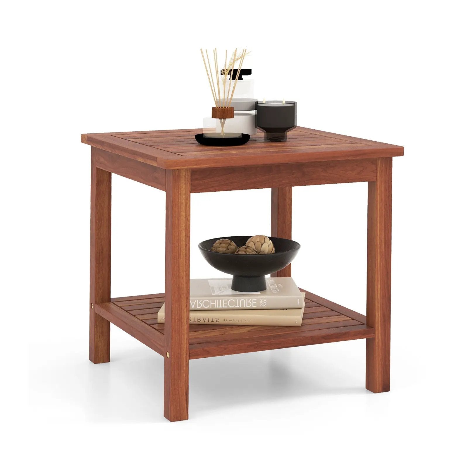 Double-Tier Acacia Wood Patio Side Table with Slatted Tabletop and Shelf by DirectDeals