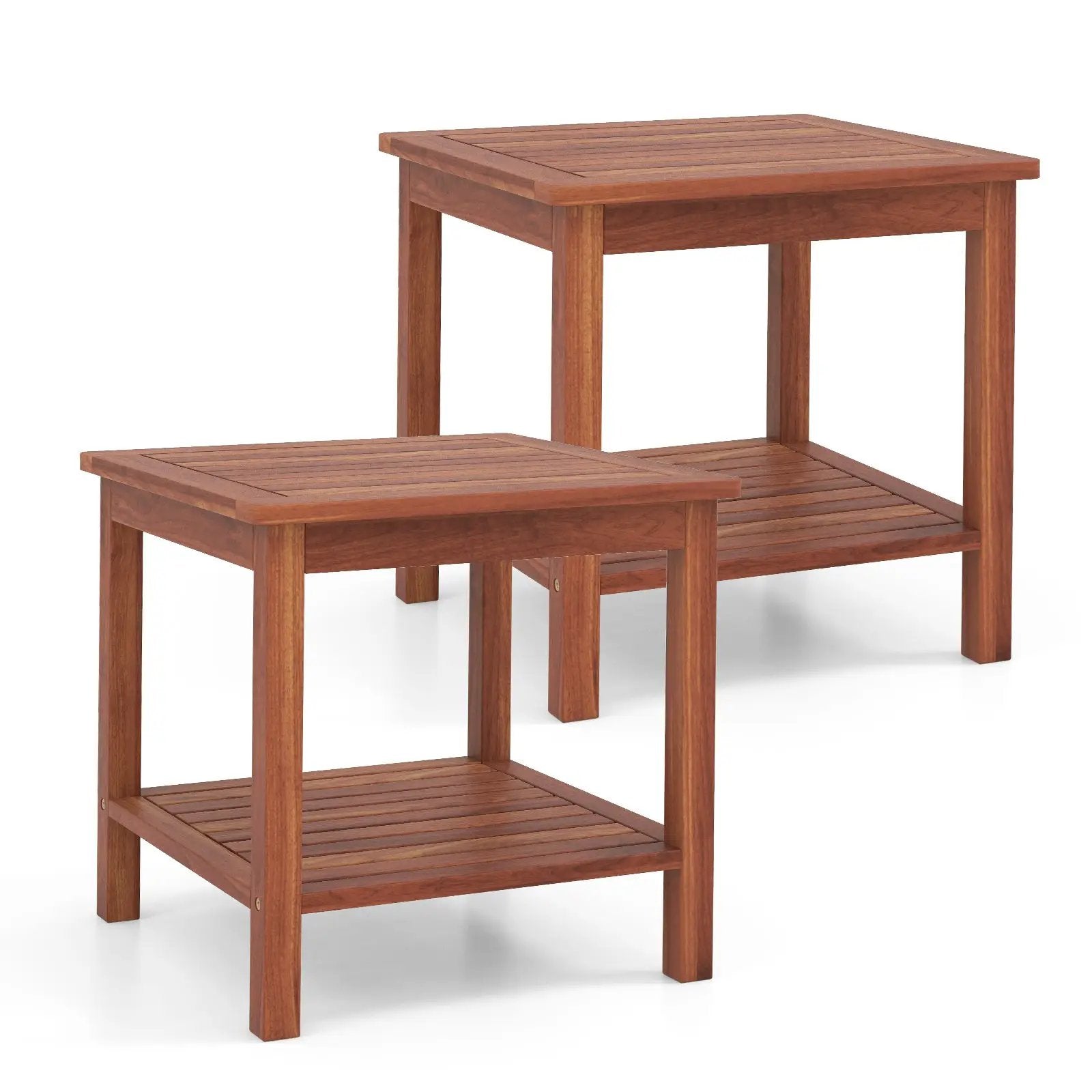 Double-Tier Acacia Wood Patio Side Table with Slatted Tabletop and Shelf by DirectDeals