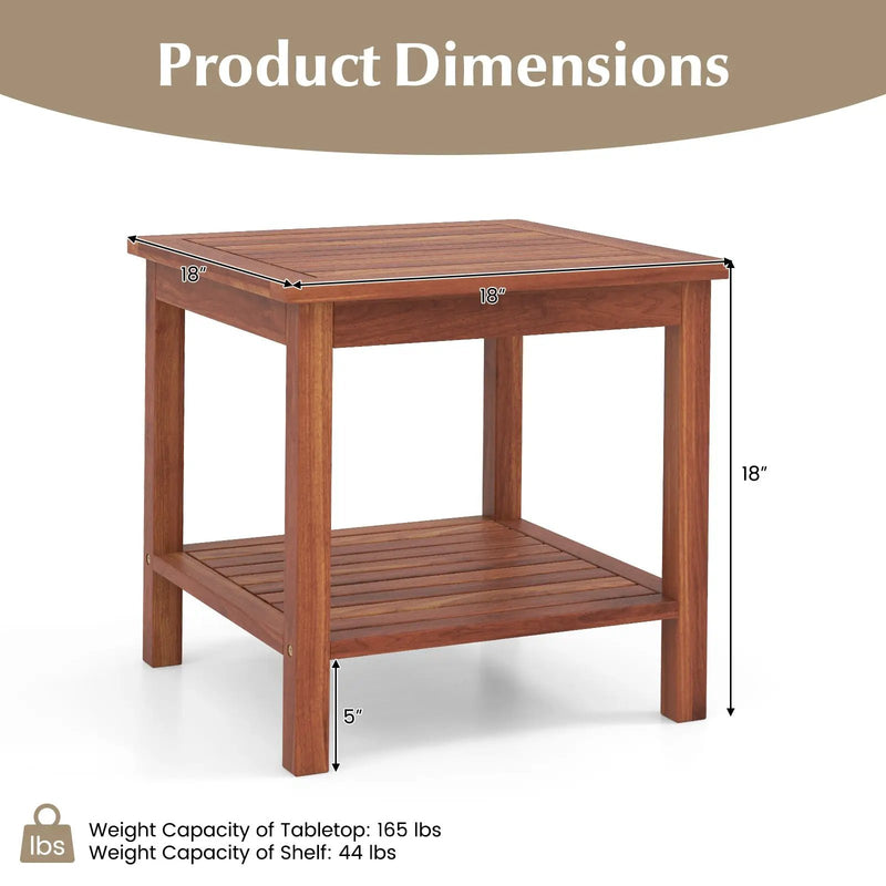 Double-Tier Acacia Wood Patio Side Table with Slatted Tabletop and Shelf by DirectDeals
