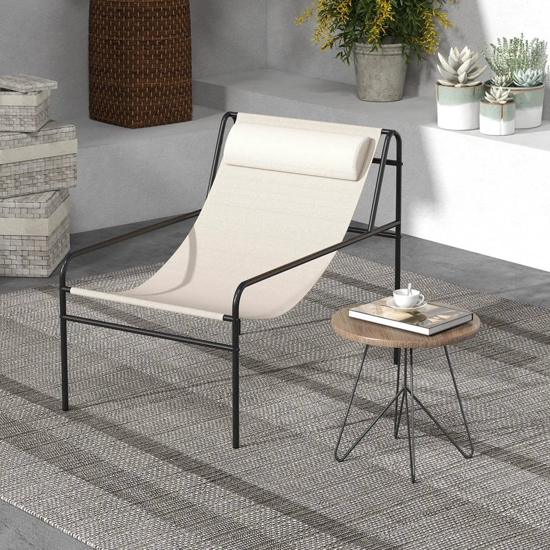 Patio Sling Lounge Chair with Removable Headrest Pillow and Metal Frame-Beige by DirectDeals
