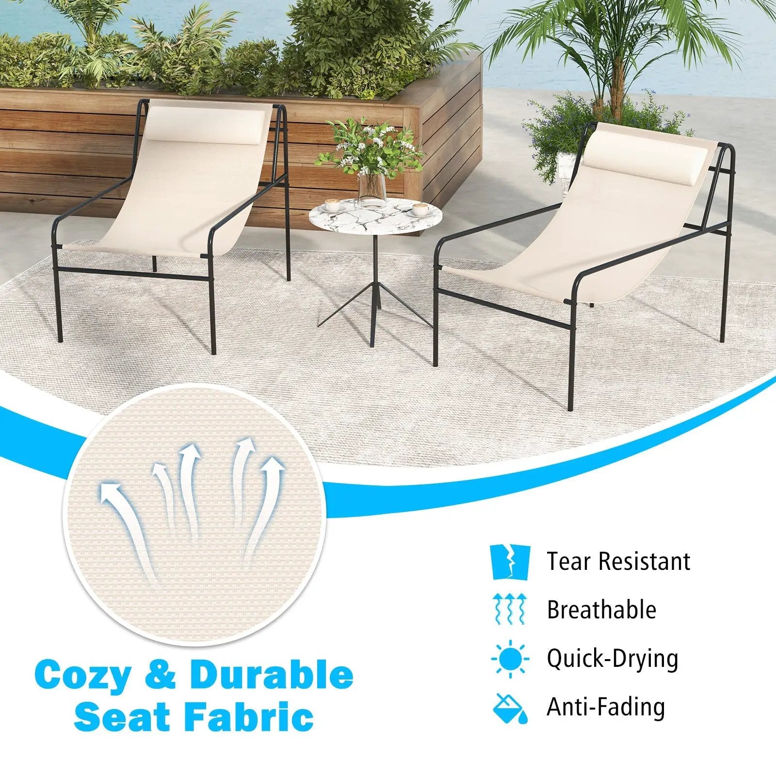 Patio Sling Lounge Chair with Removable Headrest Pillow and Metal Frame-Beige by DirectDeals