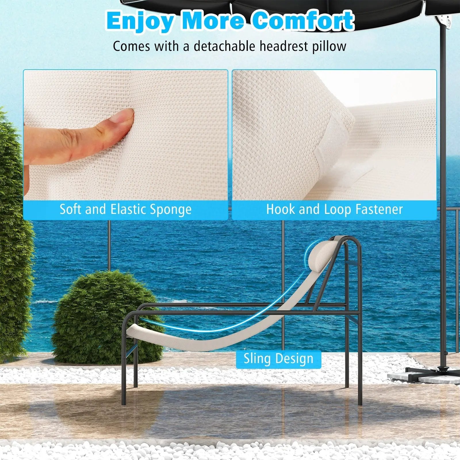 Patio Sling Lounge Chair with Removable Headrest Pillow and Metal Frame-Beige by DirectDeals