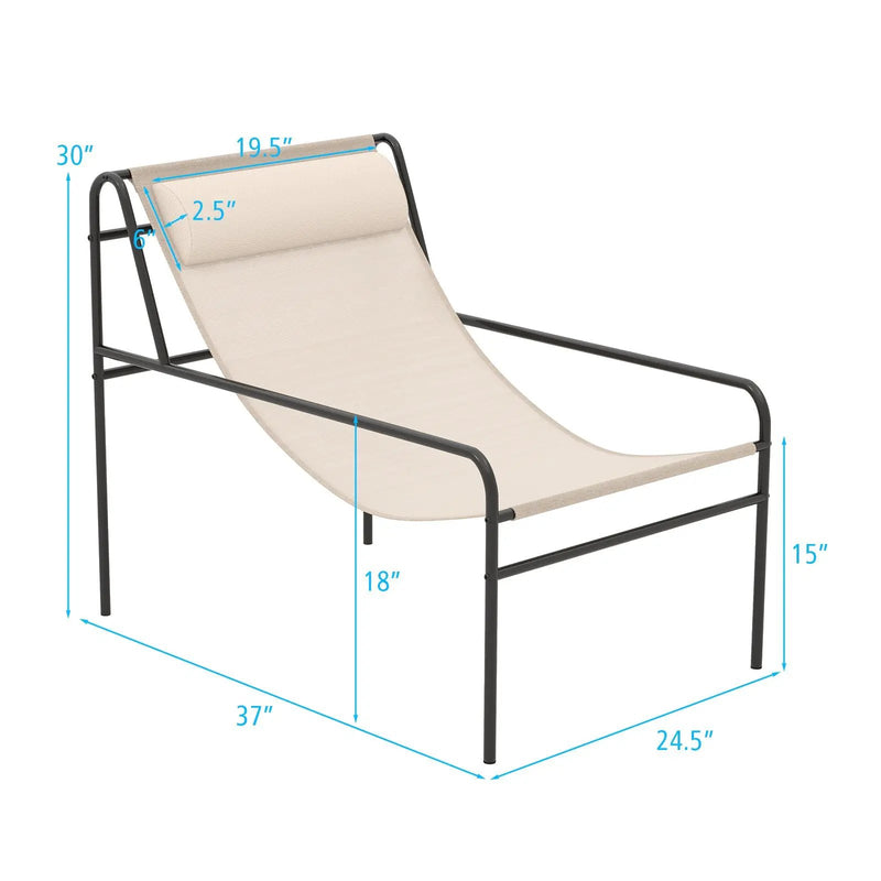 Patio Sling Lounge Chair with Removable Headrest Pillow and Metal Frame-Beige by DirectDeals
