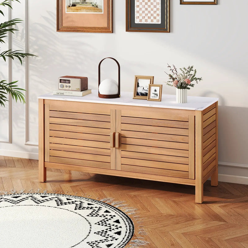 Patio Storage Cabinet 2-Door Acacia Wood Storage Container with Faux Marble Top by DirectDeals