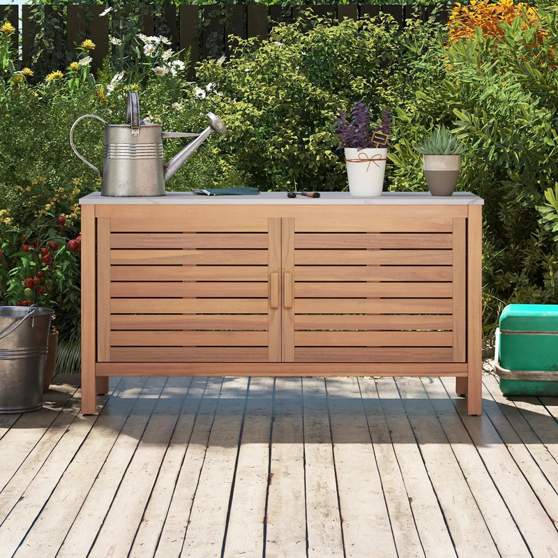 Patio Storage Cabinet 2-Door Acacia Wood Storage Container with Faux Marble Top by DirectDeals