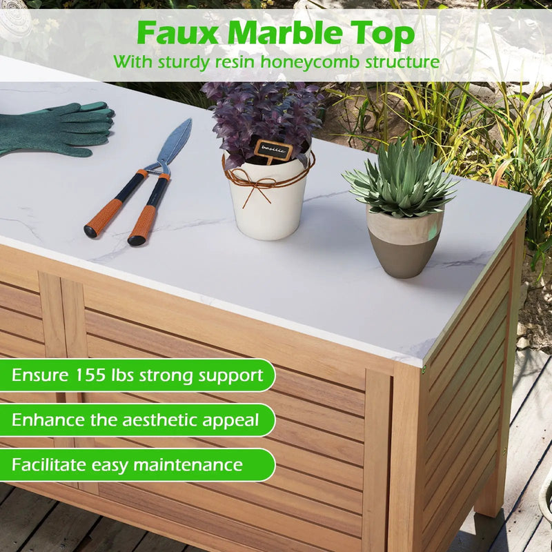 Patio Storage Cabinet 2-Door Acacia Wood Storage Container with Faux Marble Top by DirectDeals