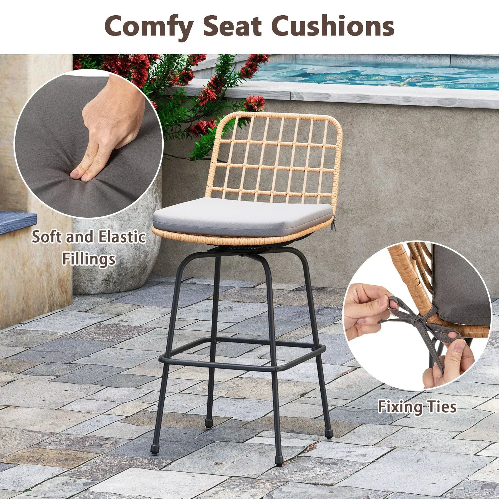 Patio Swivel Barstools Set of 2 with Soft Seat Cushions-Gray by DirectDeals