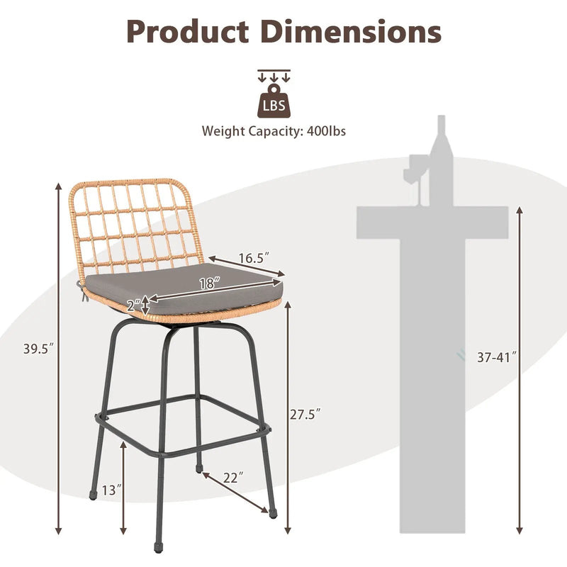 Patio Swivel Barstools Set of 2 with Soft Seat Cushions-Gray by DirectDeals