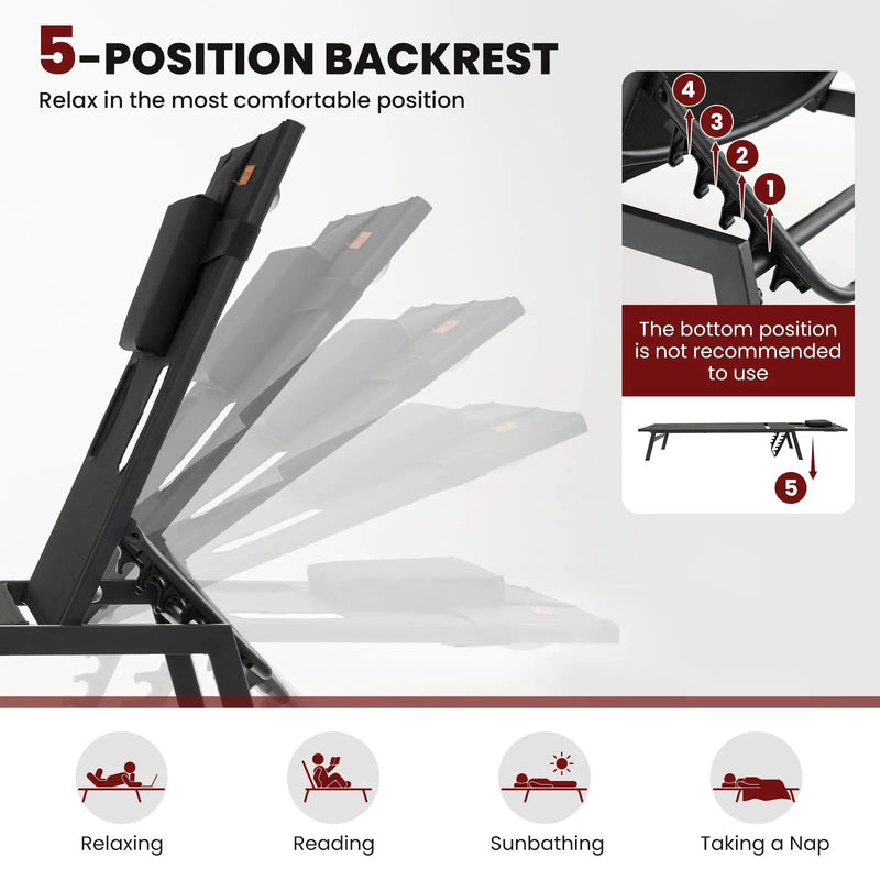 Patio Sunbathing Lounge Chair 5-Position Adjustable Tanning Chair-Black by DirectDeals