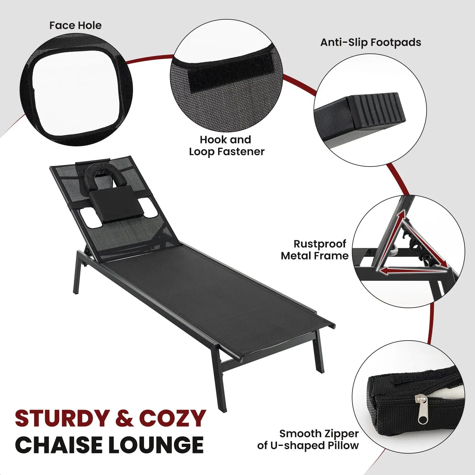 Patio Sunbathing Lounge Chair 5-Position Adjustable Tanning Chair-Black by DirectDeals