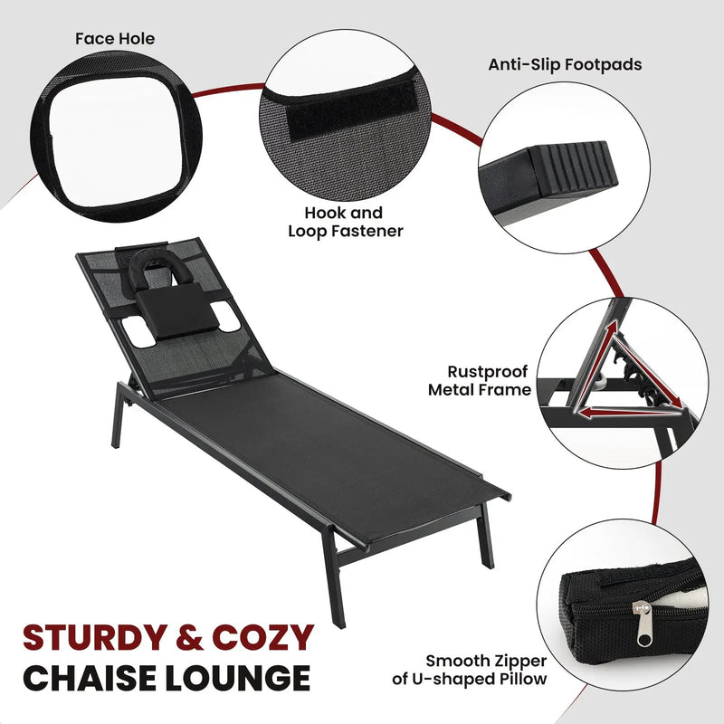 Patio Sunbathing Lounge Chair 5-Position Adjustable Tanning Chair-Black by DirectDeals