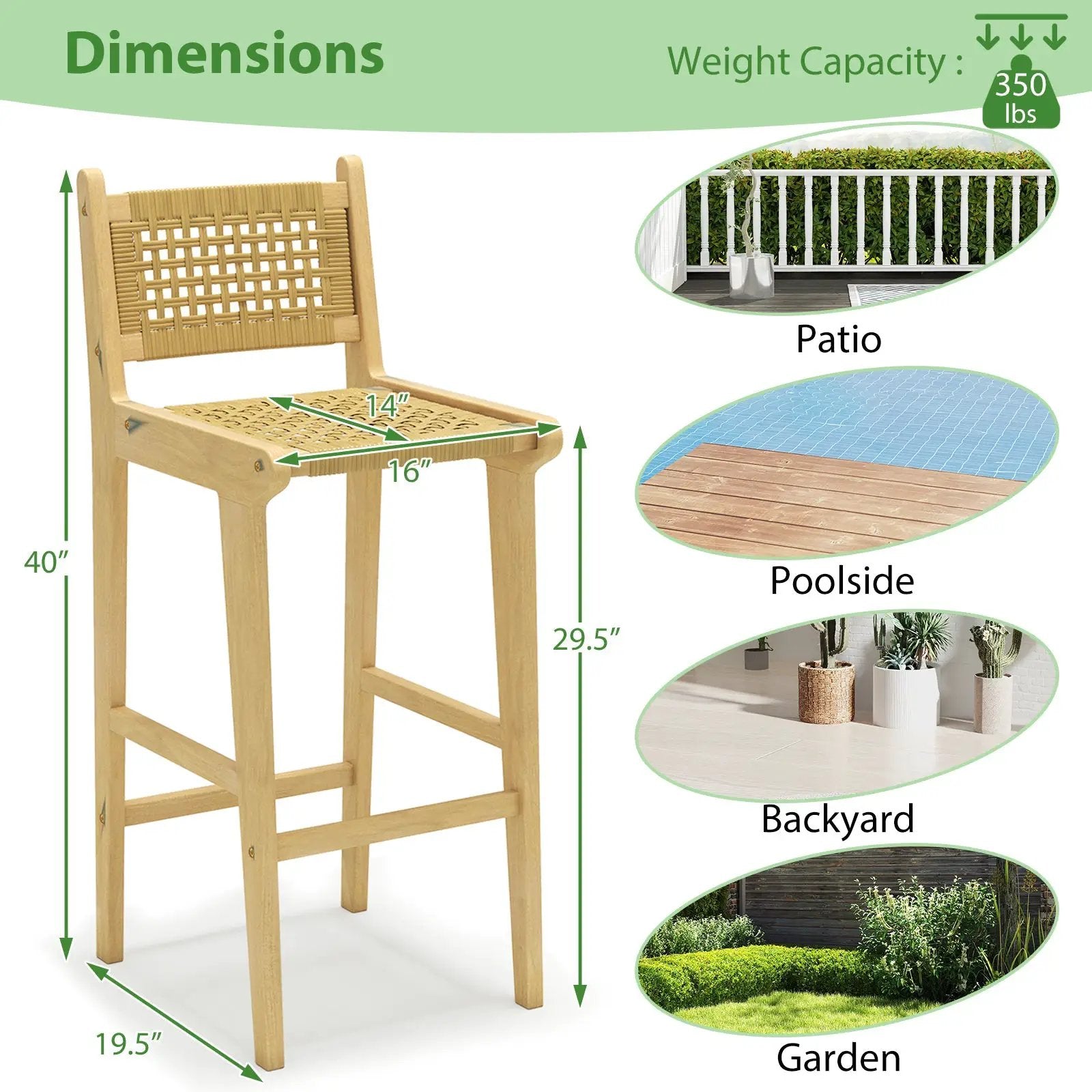 Patio Teak Wood Bar Stool with Rattan Backrest and Seat by DirectDeals
