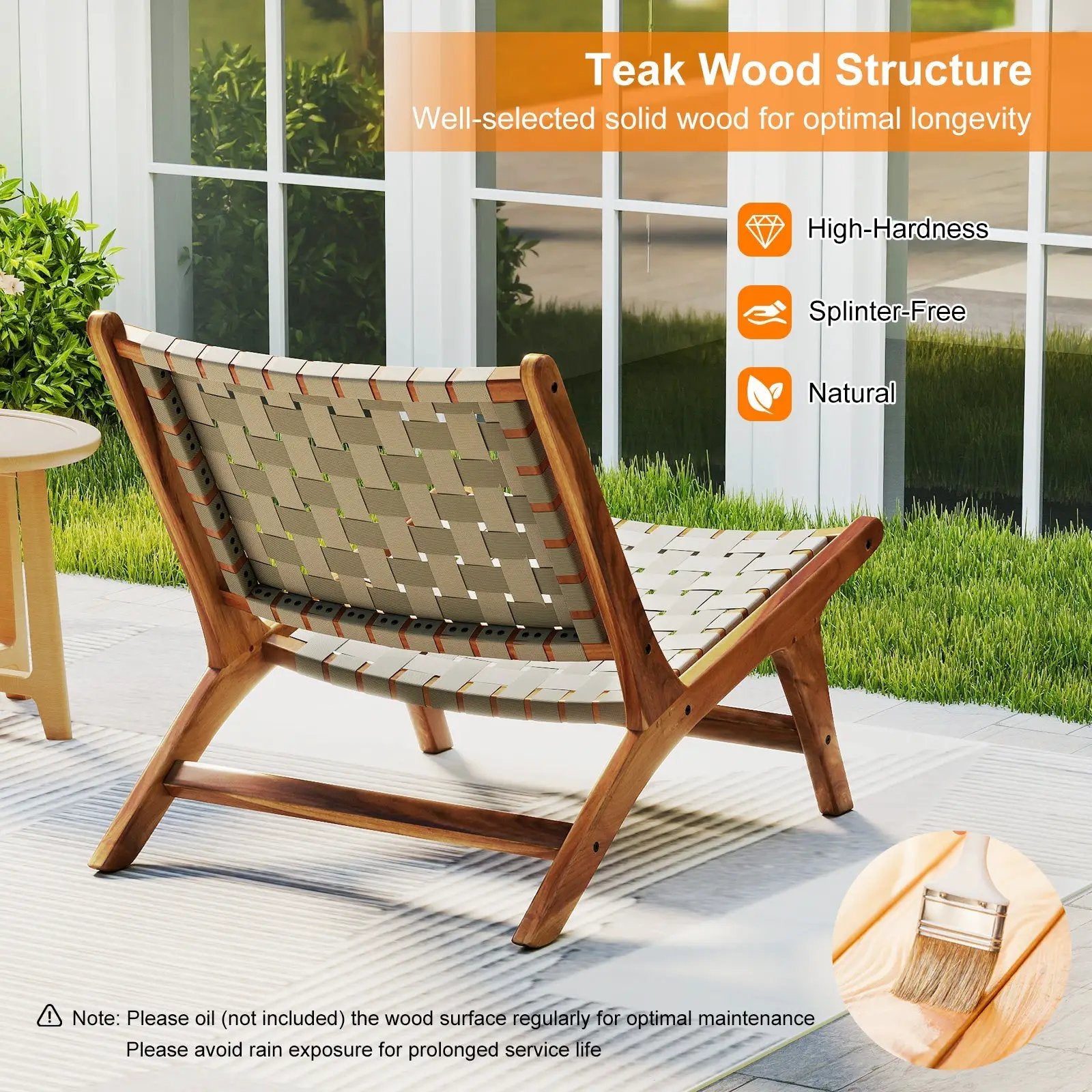Patio Teak Wood Chair Outdoor Mid-Century Accent Chair with Nylon Webbing Seat by DirectDeals