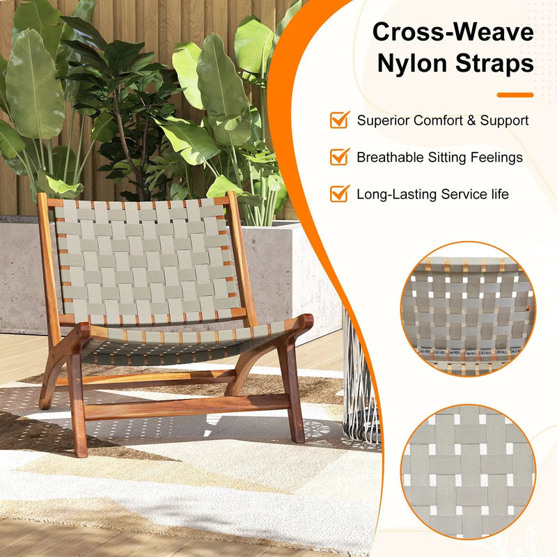 Patio Teak Wood Chair Outdoor Mid-Century Accent Chair with Nylon Webbing Seat by DirectDeals