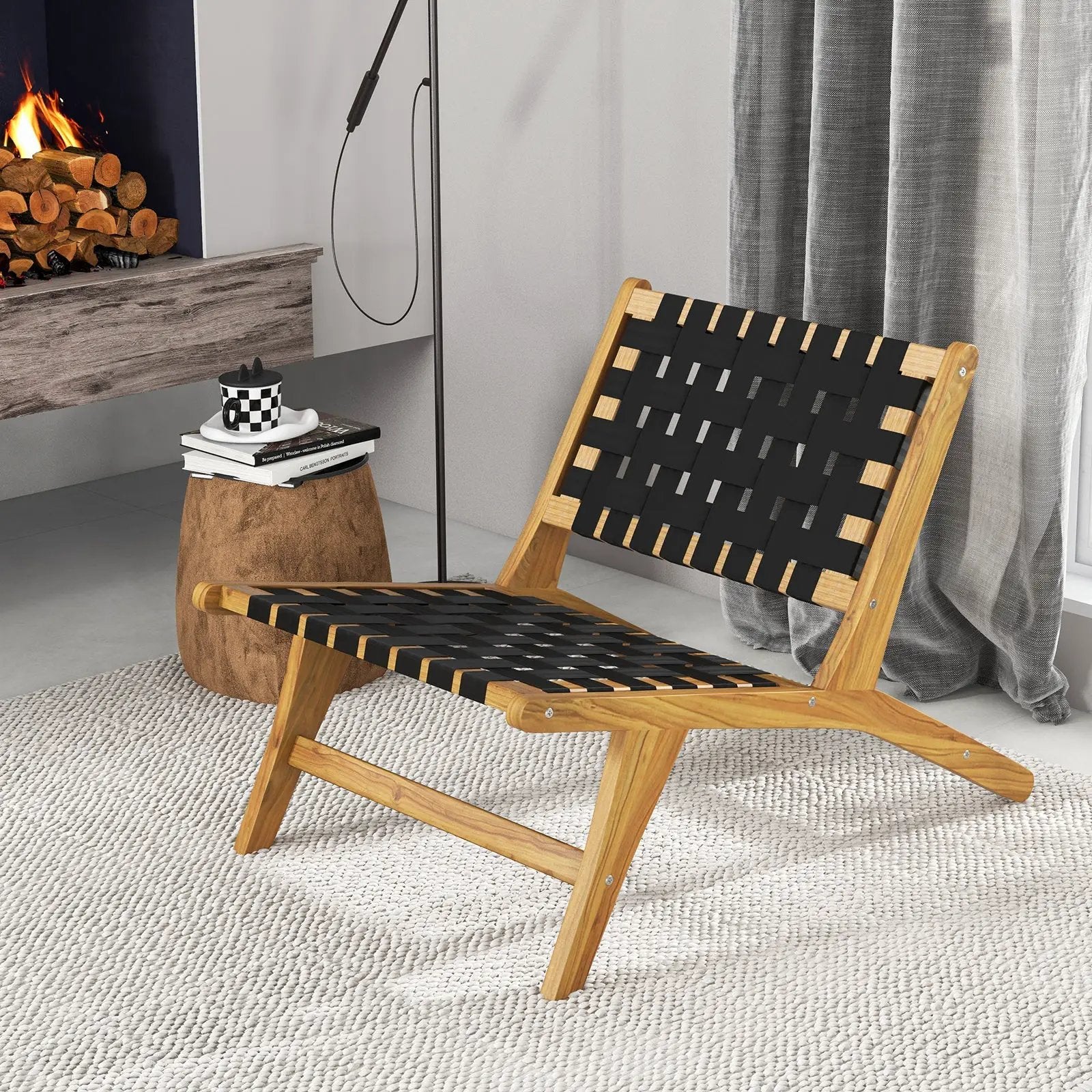 Indoor Patio Teak Wooden Chair with Woven Webbing Seat and Backrest by DirectDeals
