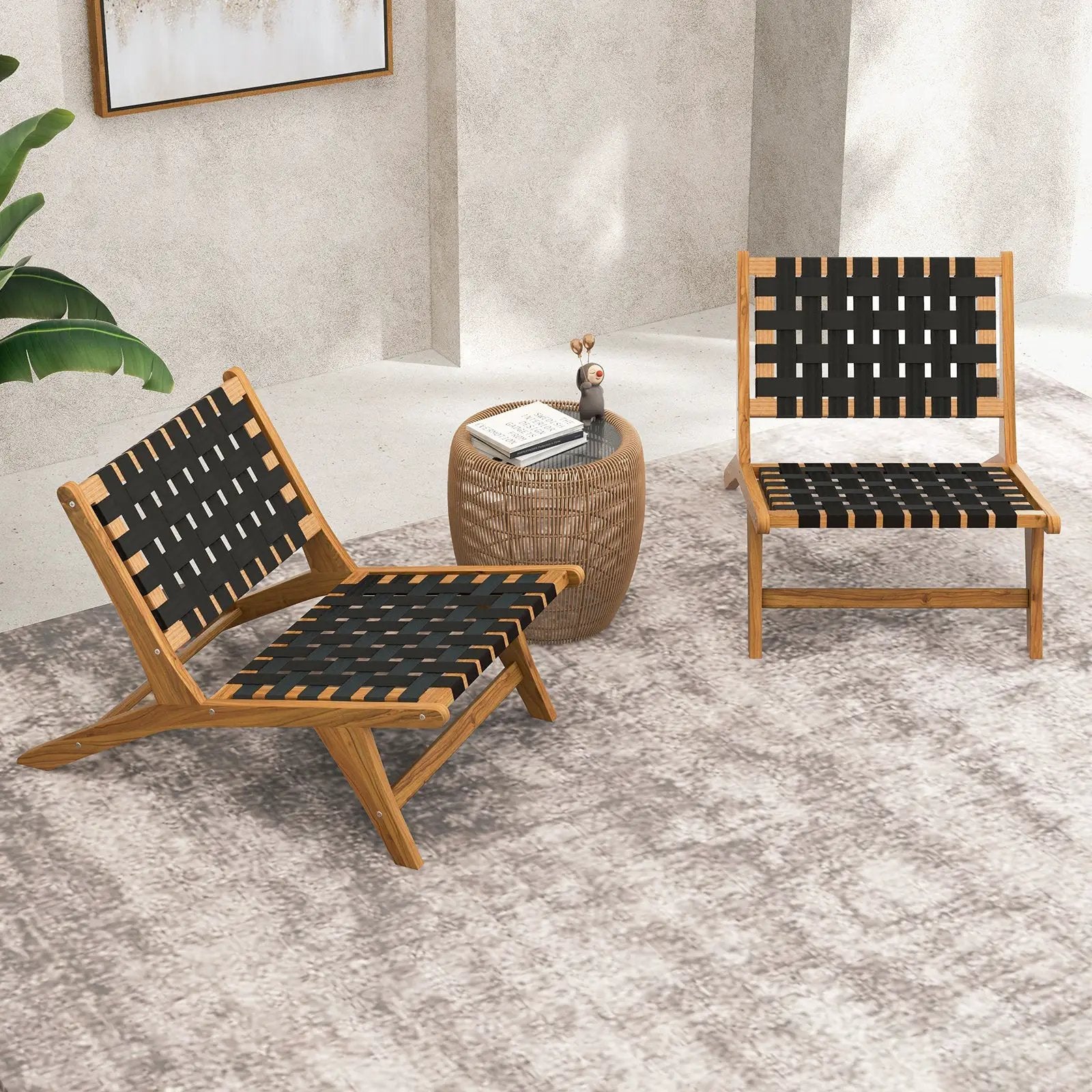 Indoor Patio Teak Wooden Chair with Woven Webbing Seat and Backrest by DirectDeals