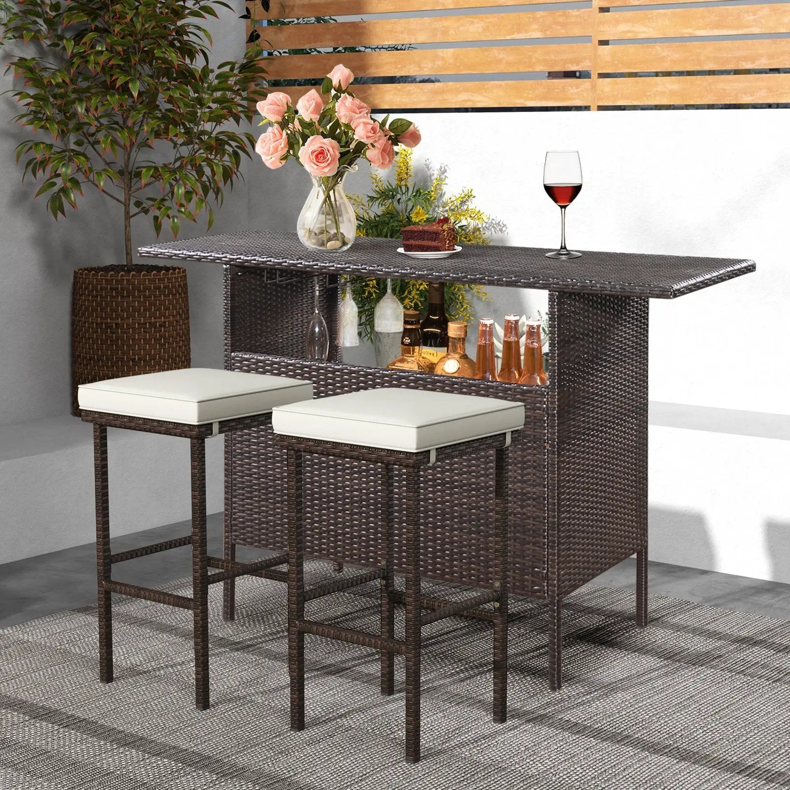 Patio Wicker Bar Stools Set of 2 with Seat Cushions and Footrest by DirectDeals