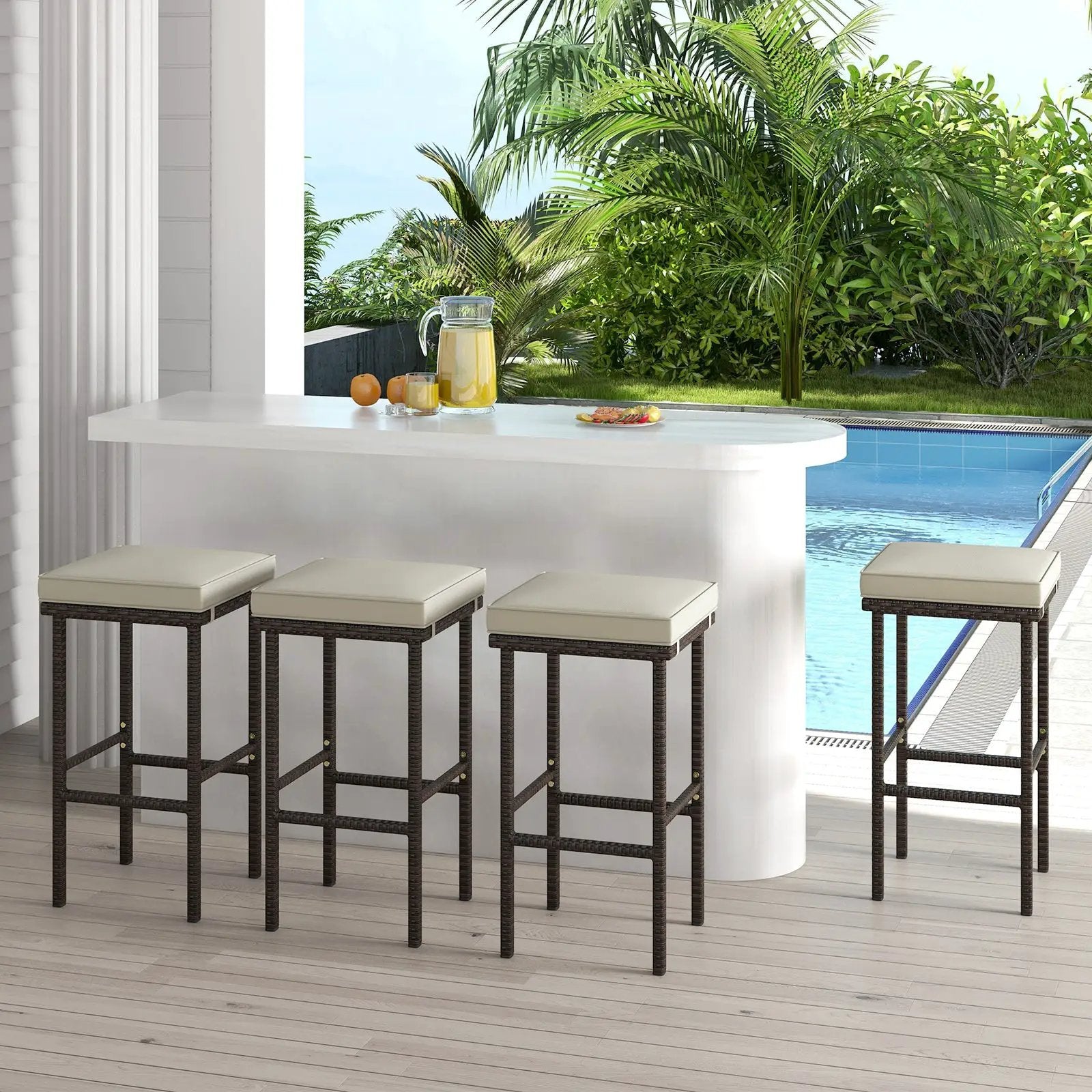 Patio Wicker Bar Stools Set of 2 with Seat Cushions and Footrest by DirectDeals