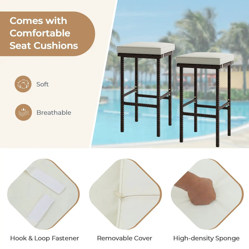 Patio Wicker Bar Stools Set of 2 with Seat Cushions and Footrest by DirectDeals