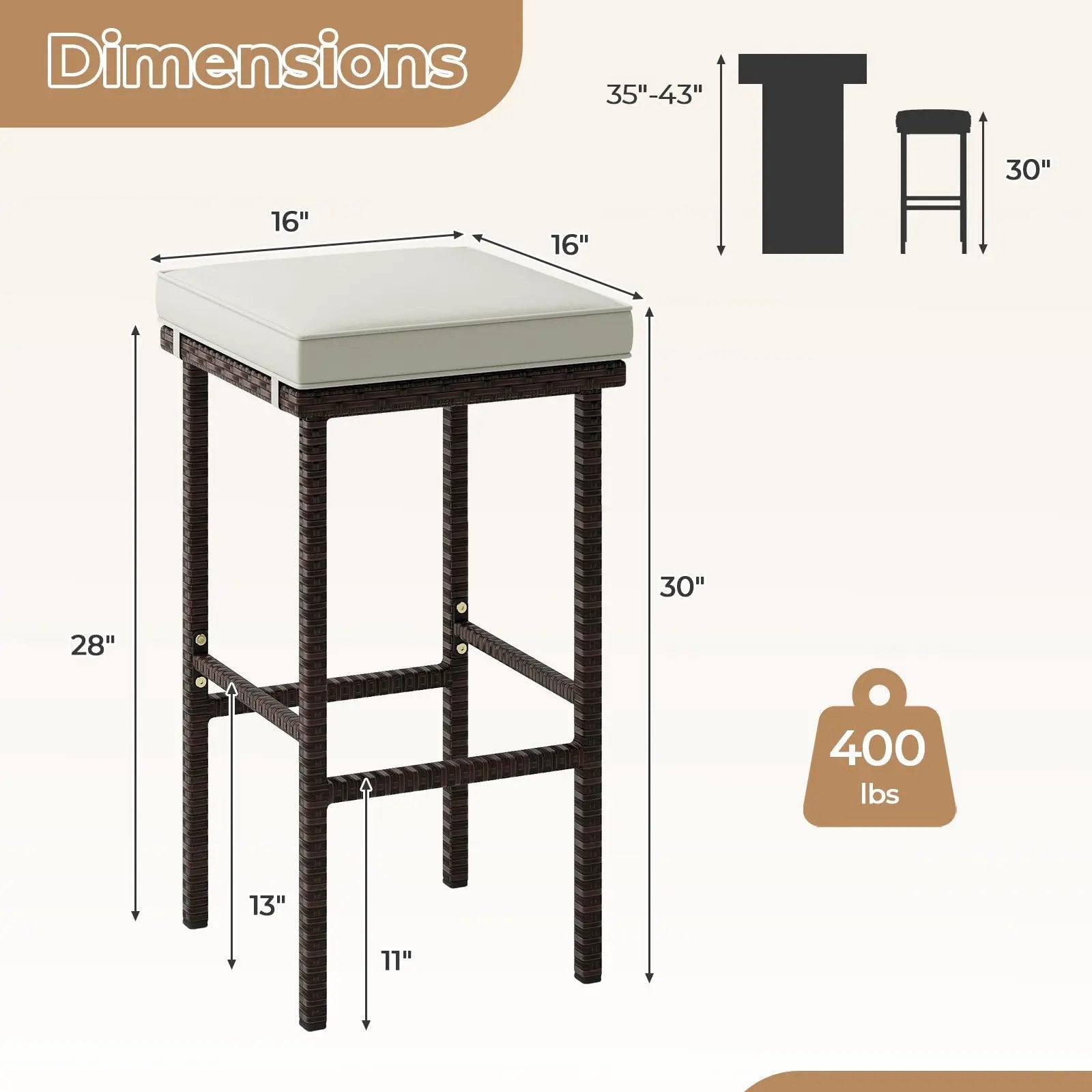 Patio Wicker Bar Stools Set of 2 with Seat Cushions and Footrest by DirectDeals