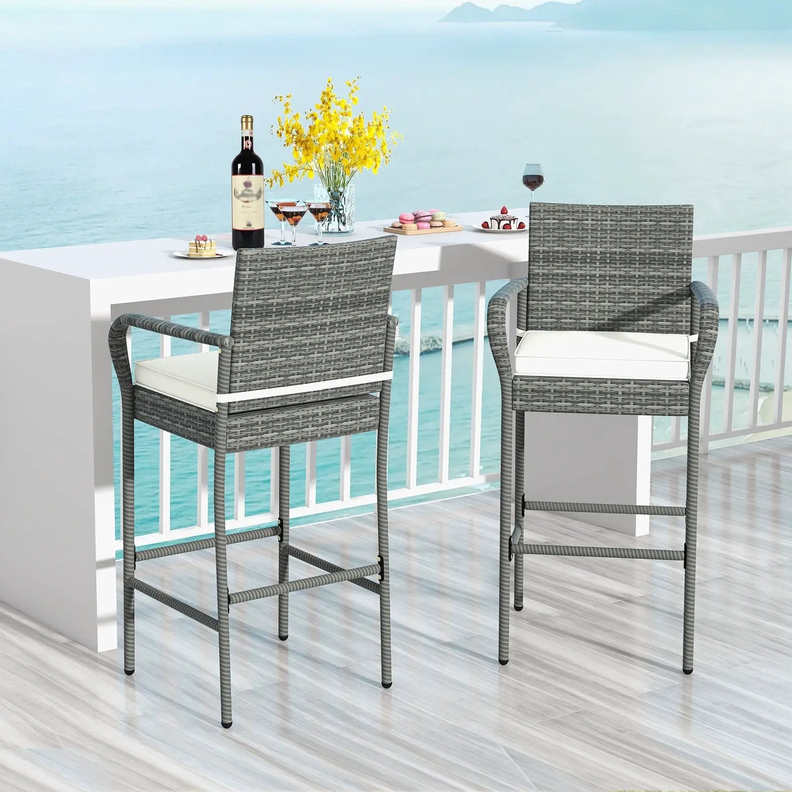Patio Wicker Barstools with Armrests and Soft Cushions for Porch Backyard Set of 2 by DirectDeals