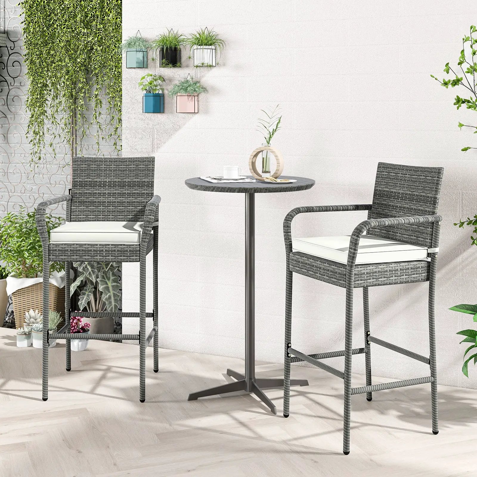 Patio Wicker Barstools with Armrests and Soft Cushions for Porch Backyard Set of 2 by DirectDeals