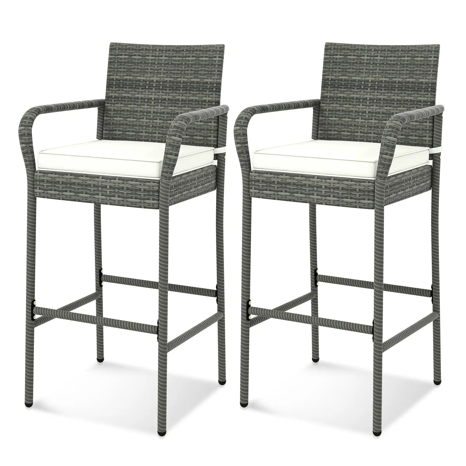Patio Wicker Barstools with Armrests and Soft Cushions for Porch Backyard Set of 2 by DirectDeals