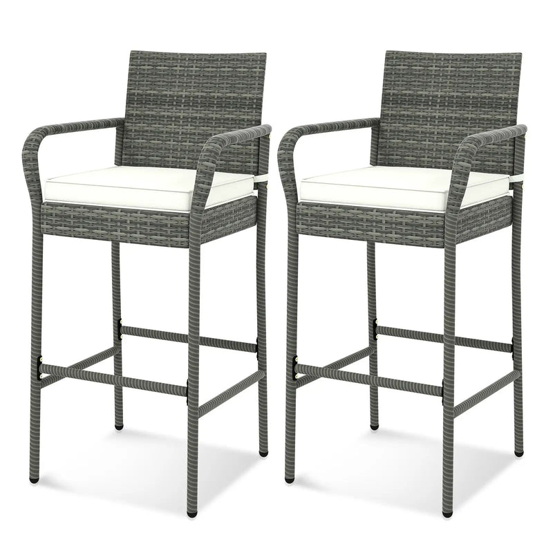 Patio Wicker Barstools with Armrests and Soft Cushions for Porch Backyard Set of 2 by DirectDeals