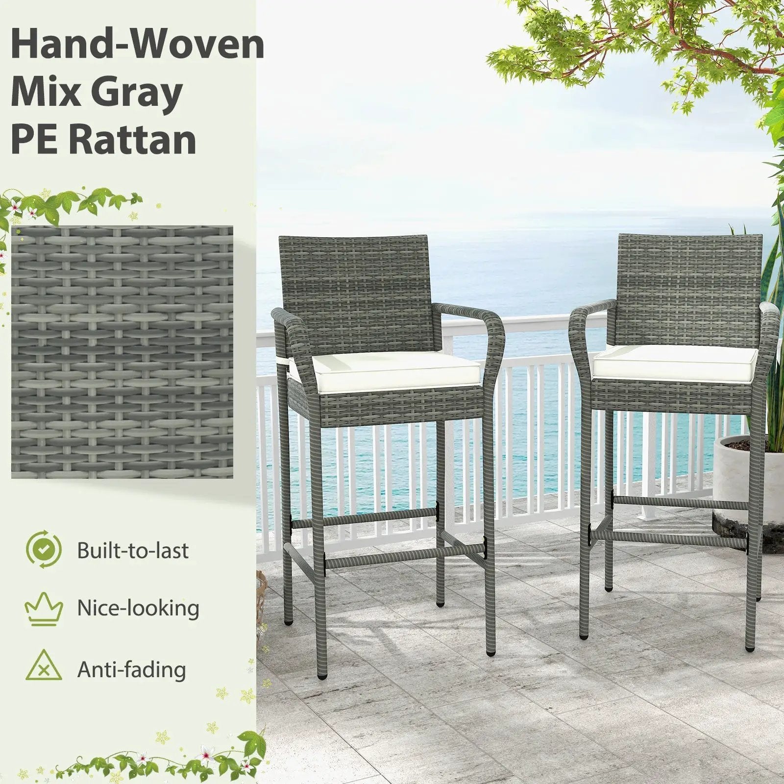 Patio Wicker Barstools with Armrests and Soft Cushions for Porch Backyard Set of 2 by DirectDeals