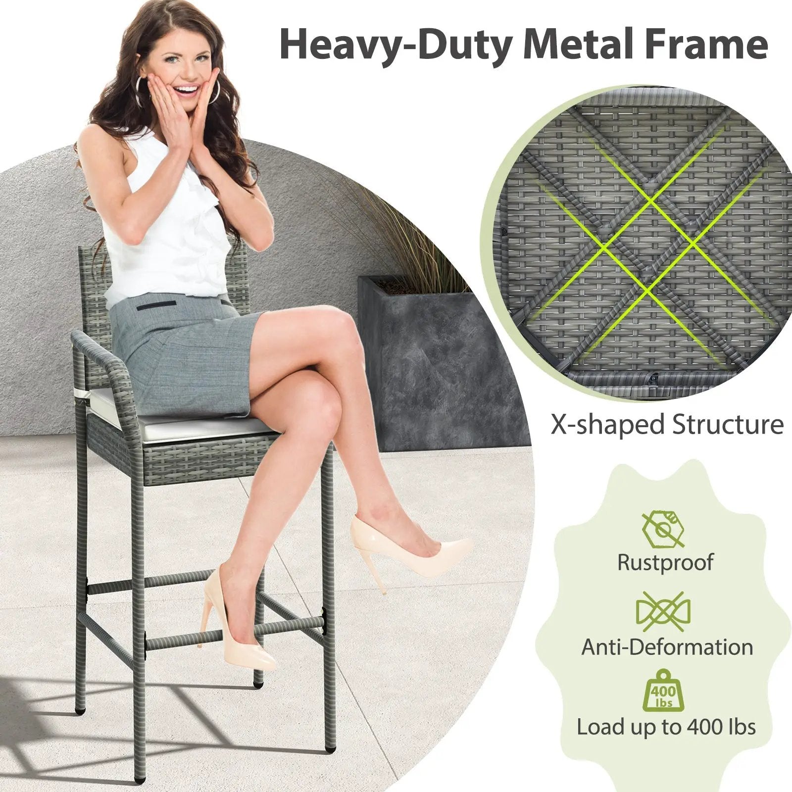 Patio Wicker Barstools with Armrests and Soft Cushions for Porch Backyard Set of 2 by DirectDeals