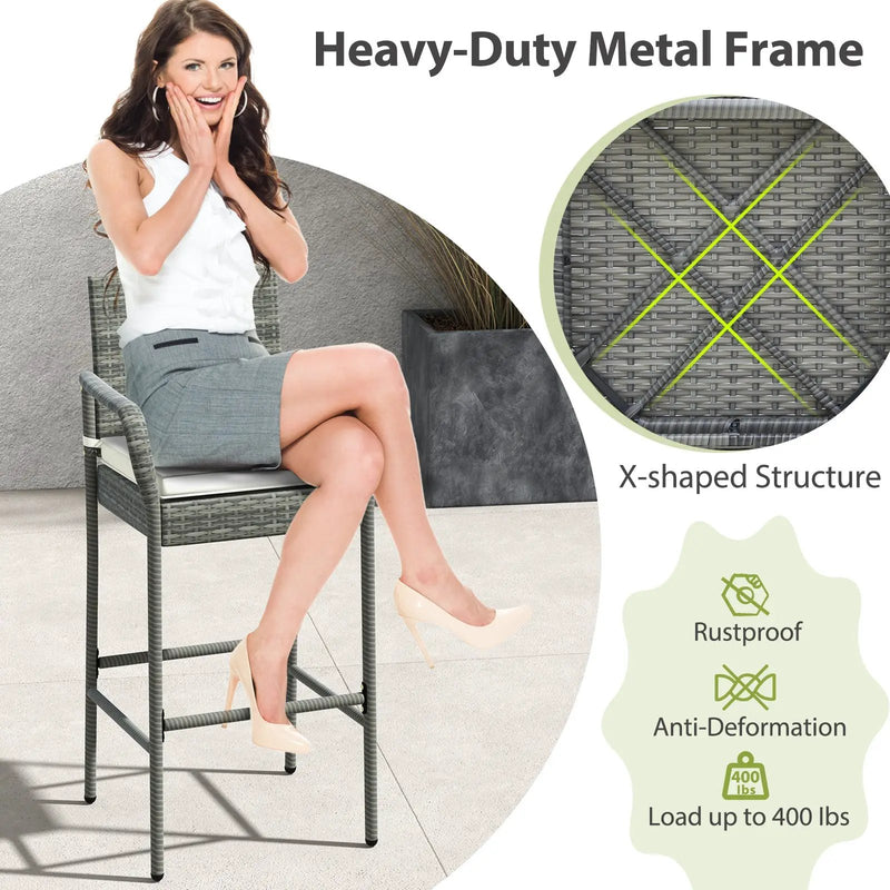 Patio Wicker Barstools with Armrests and Soft Cushions for Porch Backyard Set of 2 by DirectDeals
