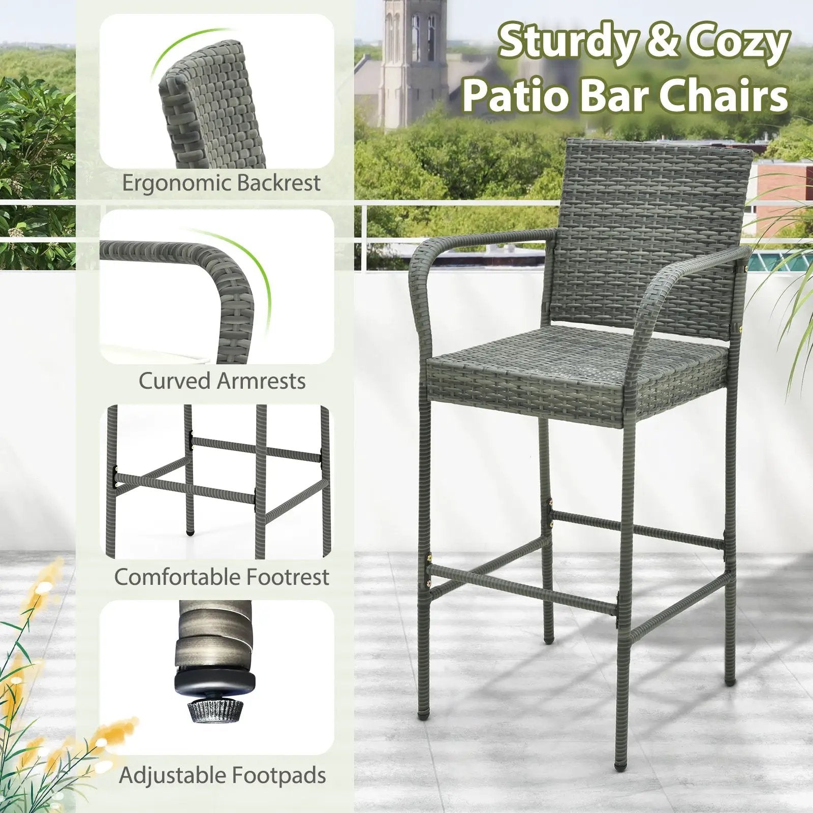 Patio Wicker Barstools with Armrests and Soft Cushions for Porch Backyard Set of 2 by DirectDeals