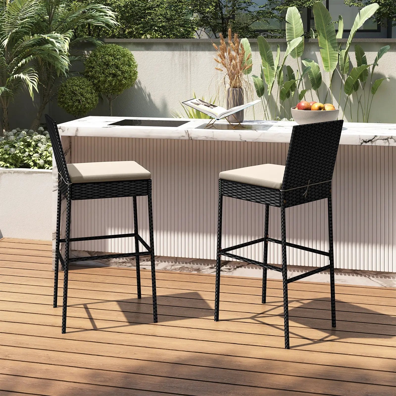 Patio Wicker Barstools Set of 2 with Footrest and Backrest for Backyard by DirectDeals