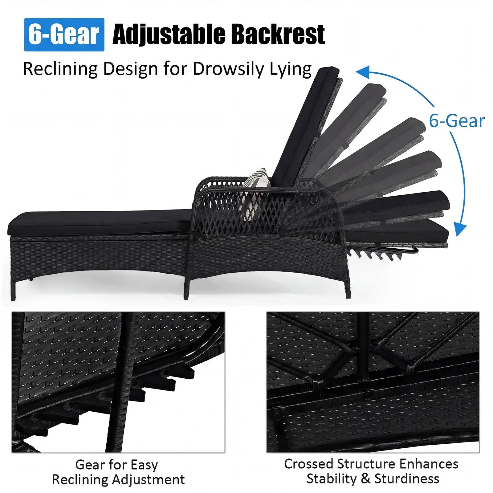 Patio Wicker Chaise Lounge Chair with Pillow and Adjustable Backrest with Cushion-Black by DirectDeals