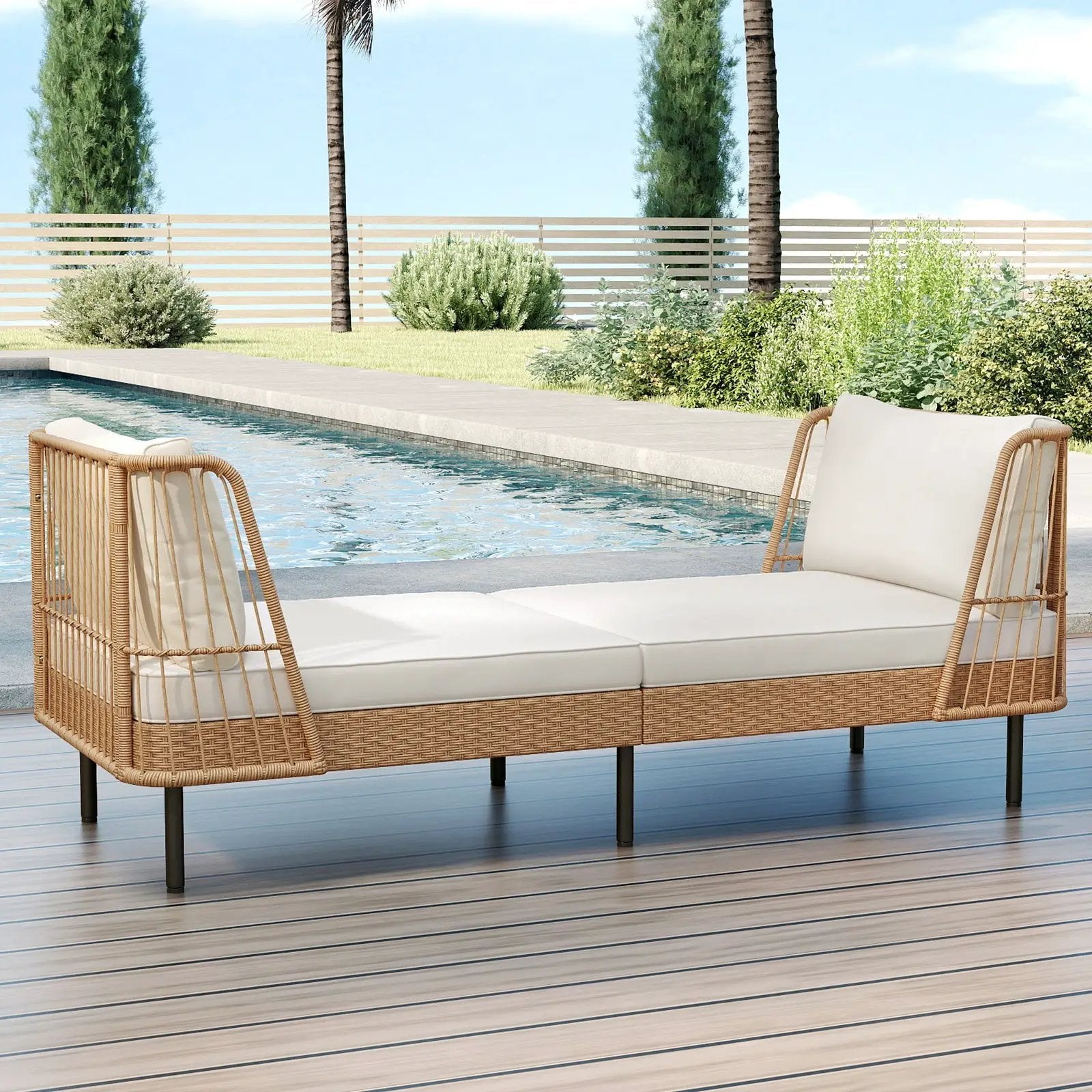 Patio Wicker Daybed Outdoor Boho Rattan Loveseat Sofa with Seat and Back Cushions-White by DirectDeals