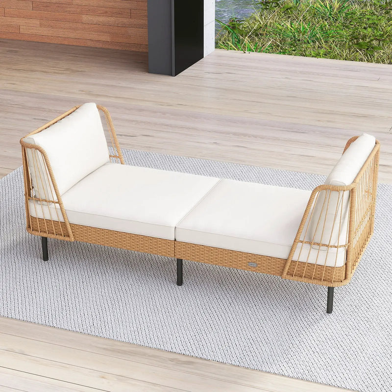 Patio Wicker Daybed Outdoor Boho Rattan Loveseat Sofa with Seat and Back Cushions-White by DirectDeals