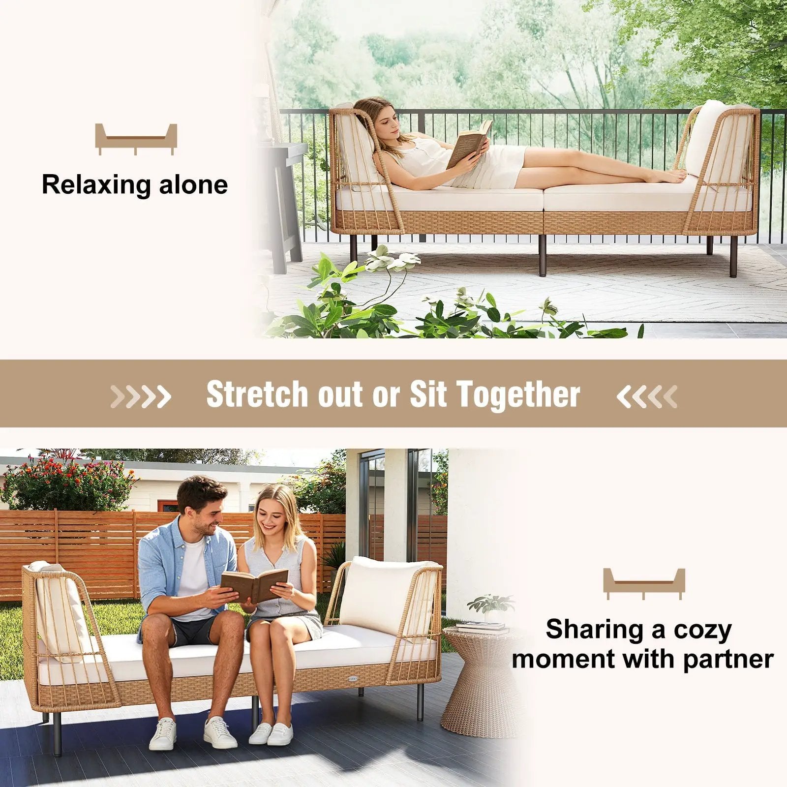 Patio Wicker Daybed Outdoor Boho Rattan Loveseat Sofa with Seat and Back Cushions-White by DirectDeals