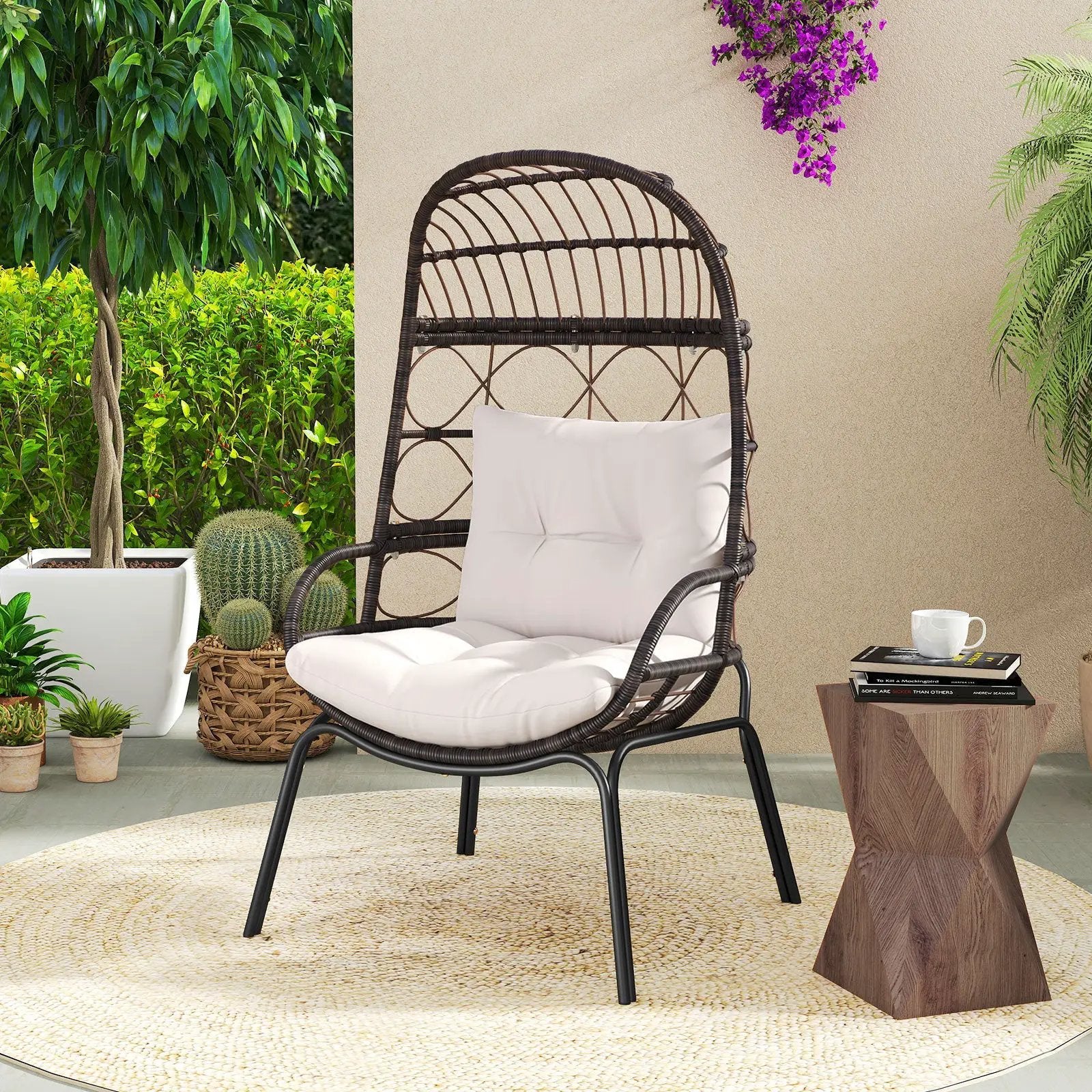 Patio Wicker Egg Chair Outdoor Rattan Lounge Basket with Seat and Back Cushions-Brown by DirectDeals