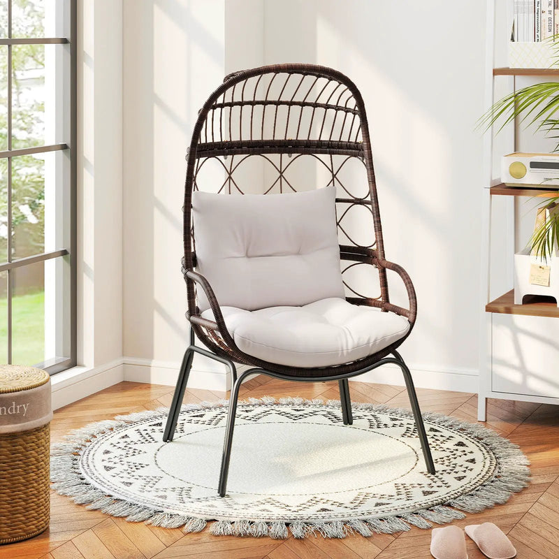 Patio Wicker Egg Chair Outdoor Rattan Lounge Basket with Seat and Back Cushions-Brown by DirectDeals