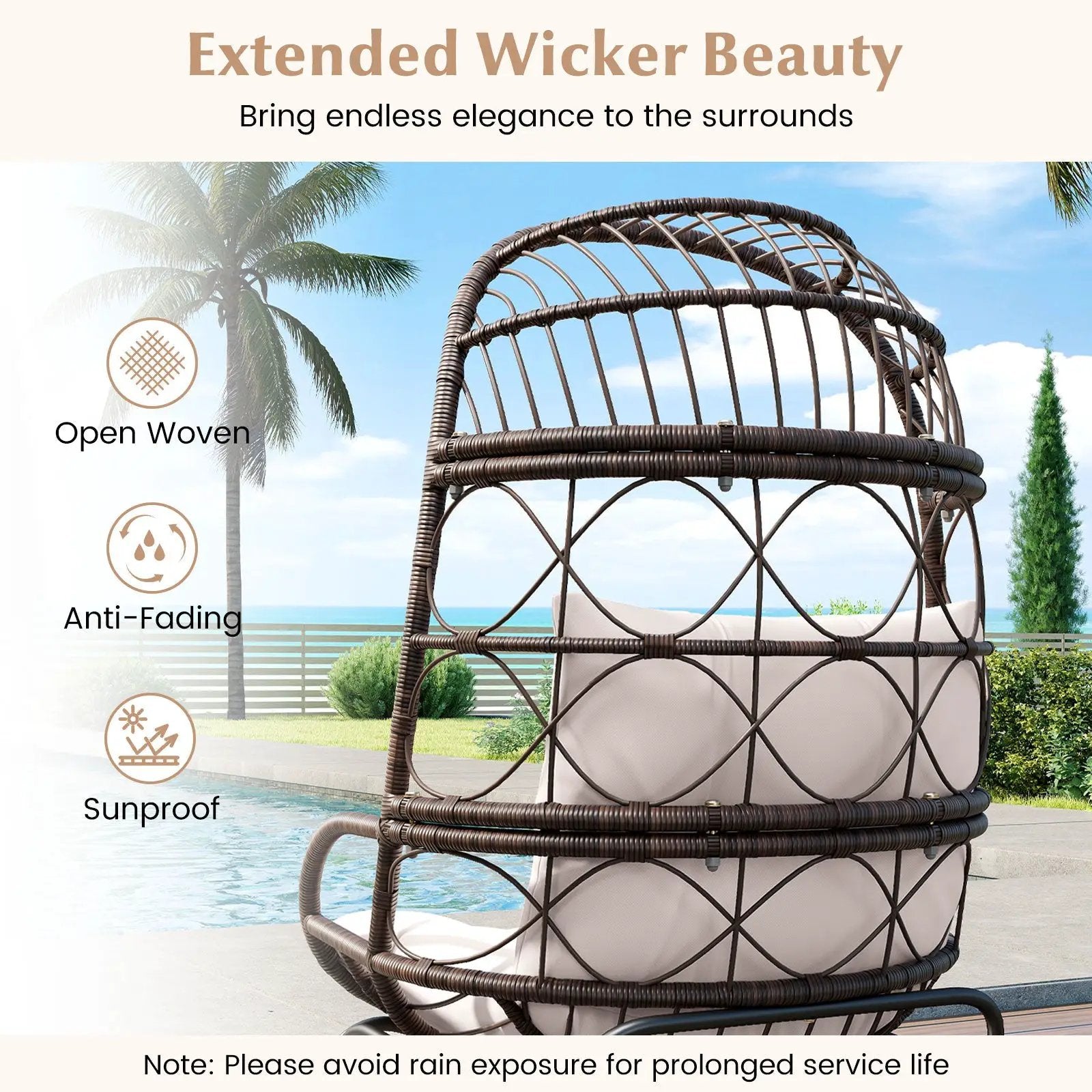 Patio Wicker Egg Chair Outdoor Rattan Lounge Basket with Seat and Back Cushions-Brown by DirectDeals