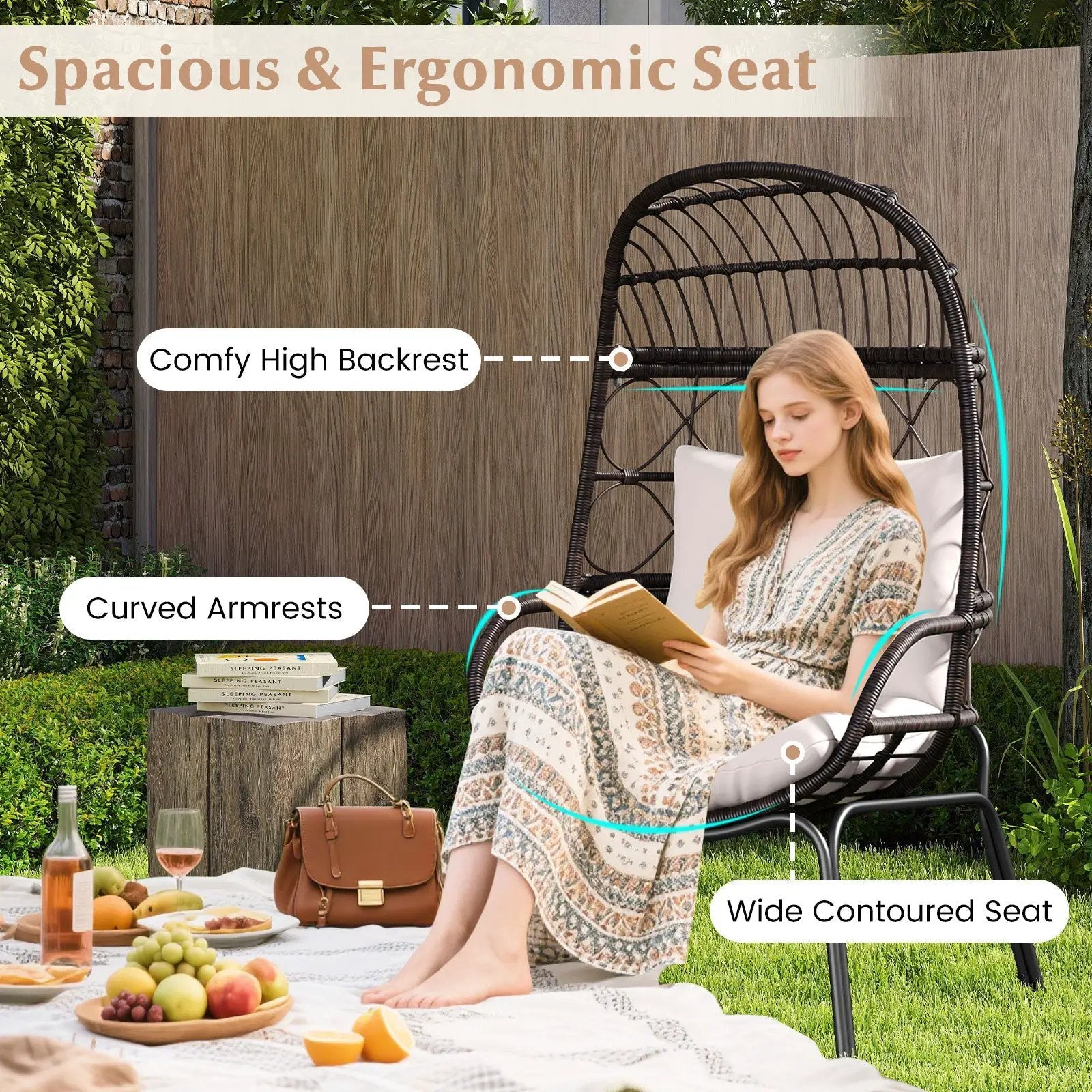 Patio Wicker Egg Chair Outdoor Rattan Lounge Basket with Seat and Back Cushions-Brown by DirectDeals