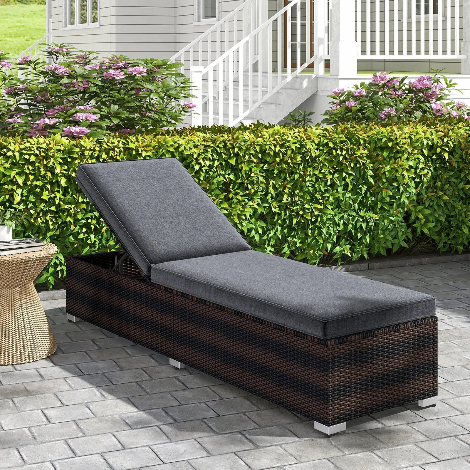 Patio Wicker Lounge Chair with 4-level Backrest and Long Seat Cushion-Brown by DirectDeals