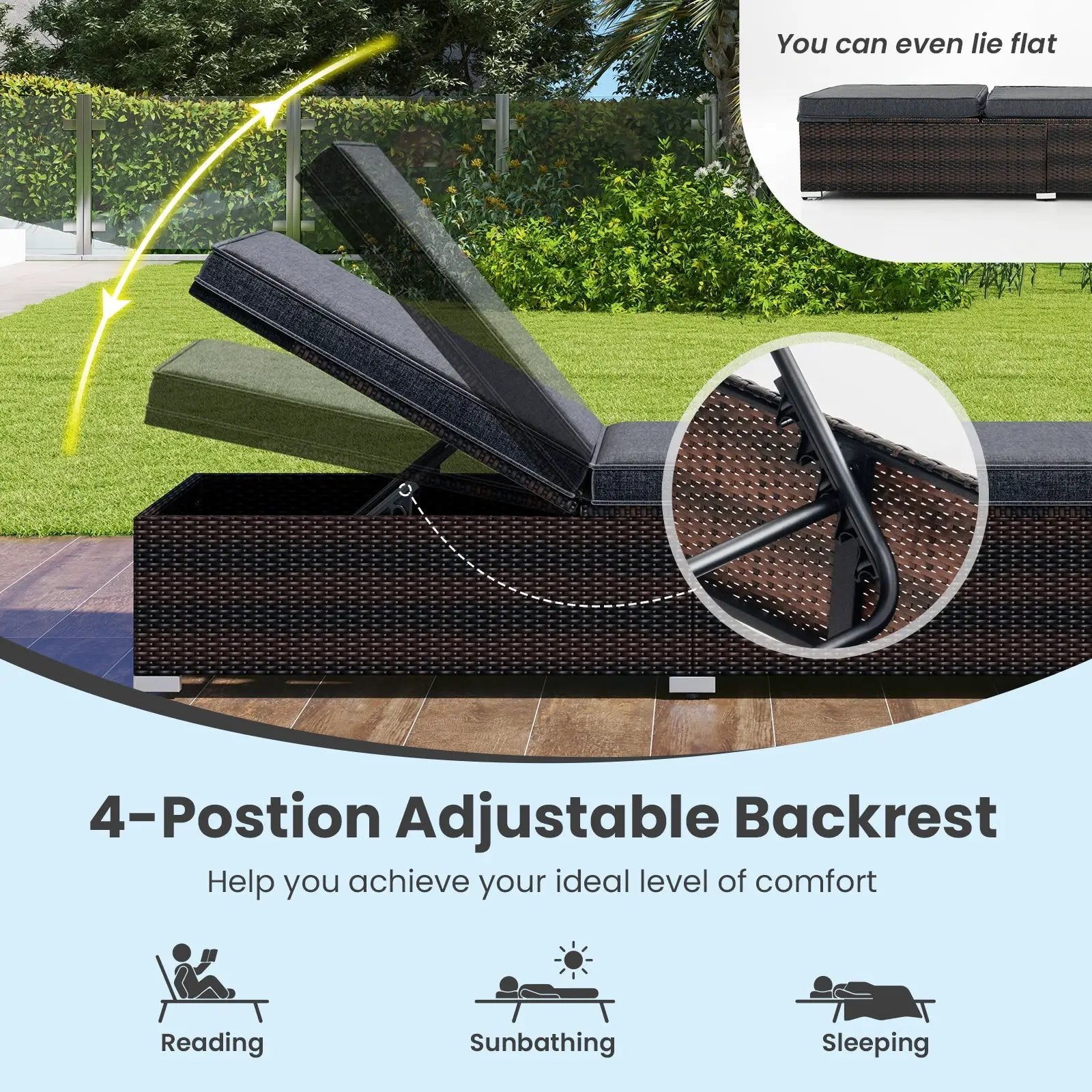 Patio Wicker Lounge Chair with 4-level Backrest and Long Seat Cushion-Brown by DirectDeals